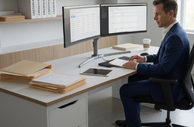 Administrator verifying professional healthcare credentials