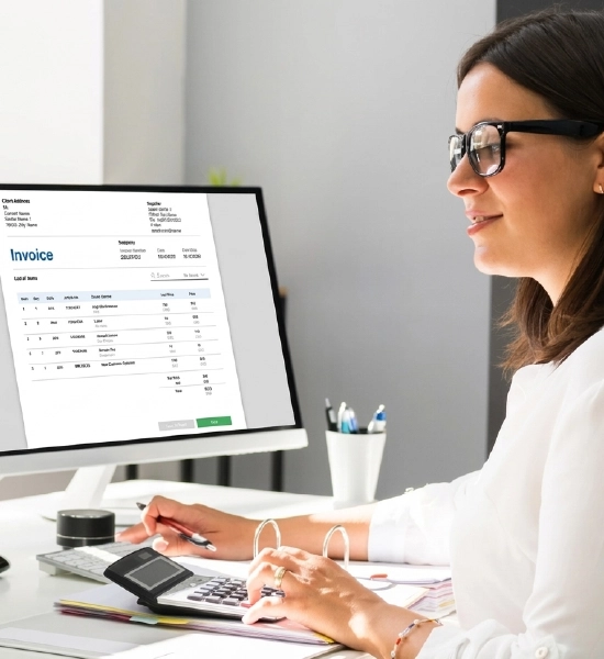 Woman calculating digital invoice